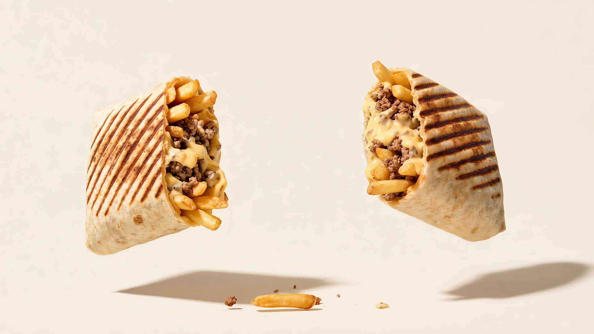 Un French taco de LiTaco partido en dos en el aire, con el queso fundido estirándose entre las mitades